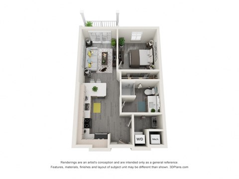 Floor plan for 1 bed, 1 bath, 585 sqft